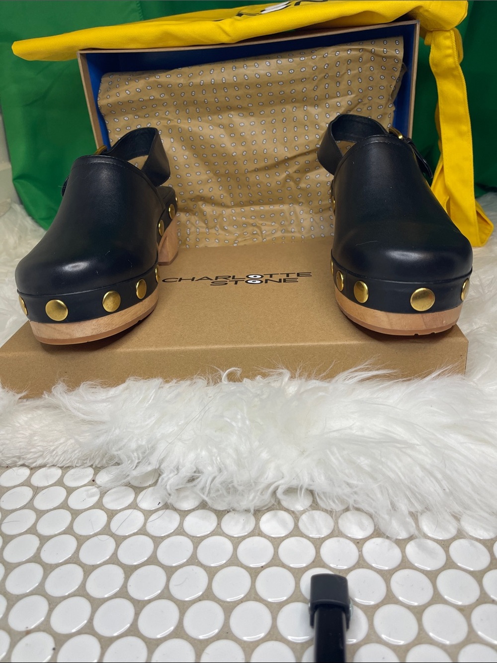 Charlotte Stone Jona Black Leather Studded Slingback Platform Clogs-w/box & tote - Picture 3 of 14